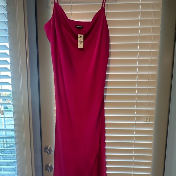 EXPRESS Satin Cowl Neck Asymmetrical Hem Maxi Slip HOT PINK Dress - Picture 3 of 4